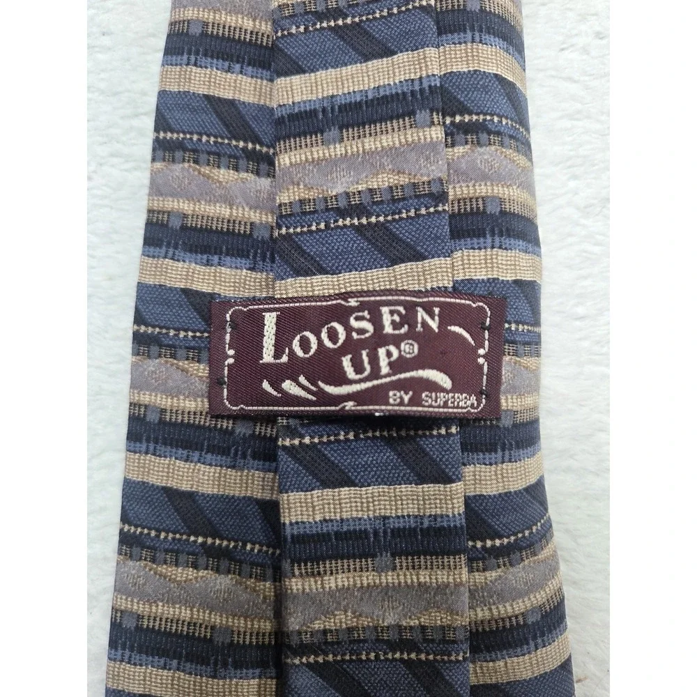 Vintage Superba Loosen Up Silk Tie Blue Taupe Stripe Pattern Classic Business...